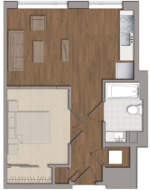 Floor plan for 1 bed, 1 bath, 505 sqft